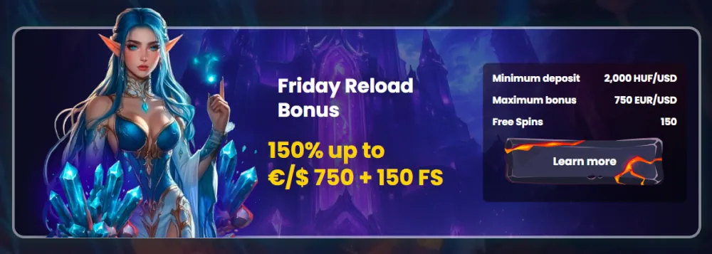 SlotsGem Freitag Reload Bonus Banner mit 150% bis zu €/$ 750 und 150 Freispielen